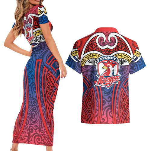 Sydney Roosters Rugby Couples Matching Short Sleeve Bodycon Dress and Hawaiian Shirt Polynesian Tribal Rooster Warrior Red Blue Pattern