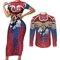 Sydney Roosters Rugby Couples Matching Short Sleeve Bodycon Dress and Long Sleeve Button Shirt Polynesian Tribal Rooster Warrior Red Blue Pattern