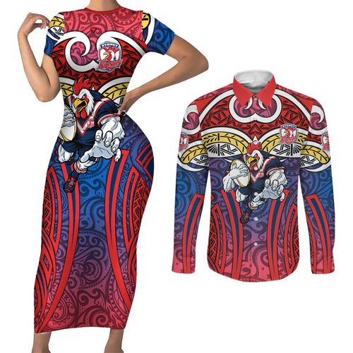 Sydney Roosters Rugby Couples Matching Short Sleeve Bodycon Dress and Long Sleeve Button Shirt Polynesian Tribal Rooster Warrior Red Blue Pattern