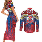 Sydney Roosters Rugby Couples Matching Short Sleeve Bodycon Dress and Long Sleeve Button Shirt Polynesian Tribal Rooster Warrior Red Blue Pattern