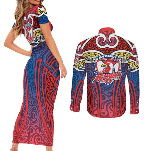 Sydney Roosters Rugby Couples Matching Short Sleeve Bodycon Dress and Long Sleeve Button Shirt Polynesian Tribal Rooster Warrior Red Blue Pattern
