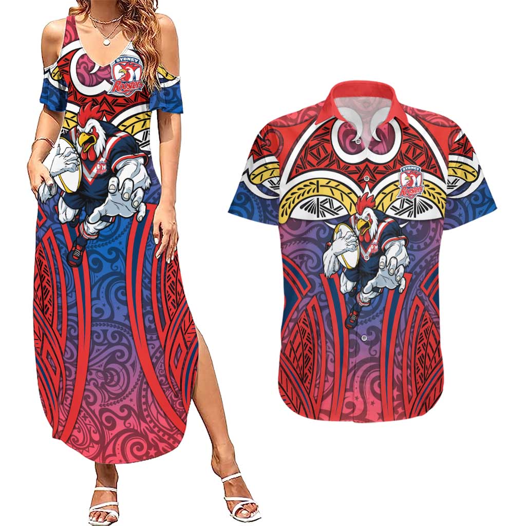 Sydney Roosters Rugby Couples Matching Summer Maxi Dress and Hawaiian Shirt Polynesian Tribal Rooster Warrior Red Blue Pattern