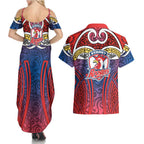 Sydney Roosters Rugby Couples Matching Summer Maxi Dress and Hawaiian Shirt Polynesian Tribal Rooster Warrior Red Blue Pattern