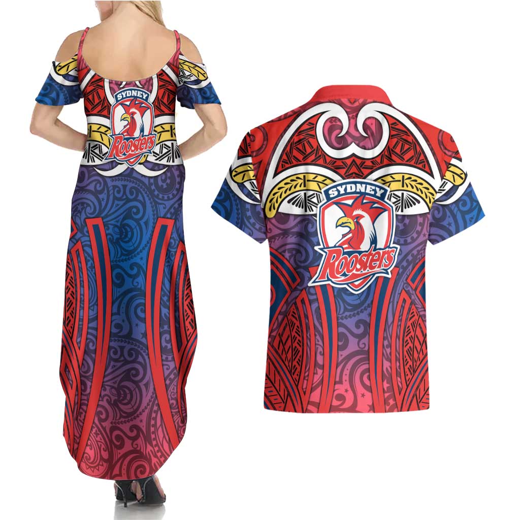 Sydney Roosters Rugby Couples Matching Summer Maxi Dress and Hawaiian Shirt Polynesian Tribal Rooster Warrior Red Blue Pattern