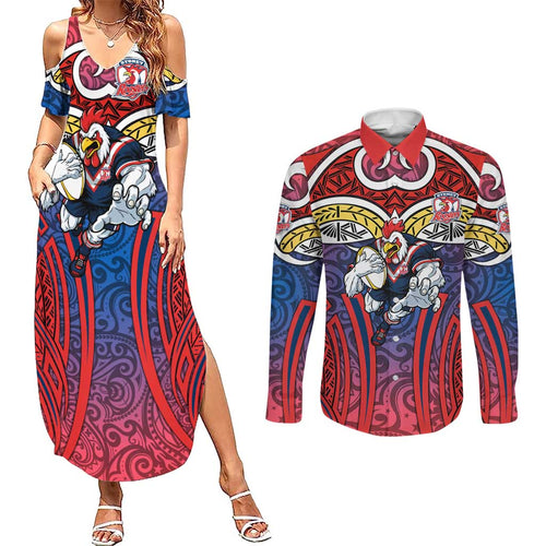 Sydney Roosters Rugby Couples Matching Summer Maxi Dress and Long Sleeve Button Shirt Polynesian Tribal Rooster Warrior Red Blue Pattern