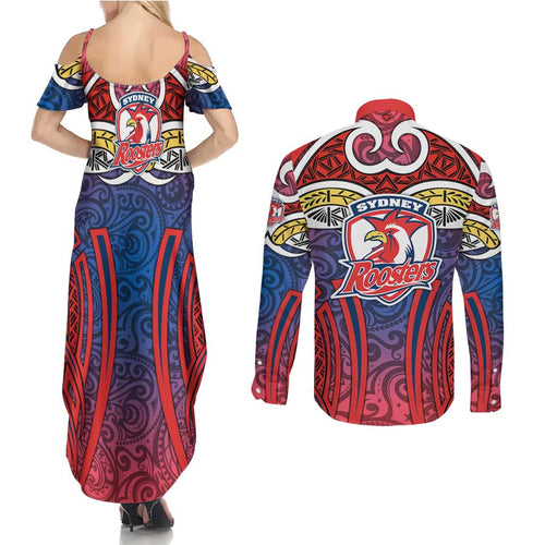 Sydney Roosters Rugby Couples Matching Summer Maxi Dress and Long Sleeve Button Shirt Polynesian Tribal Rooster Warrior Red Blue Pattern