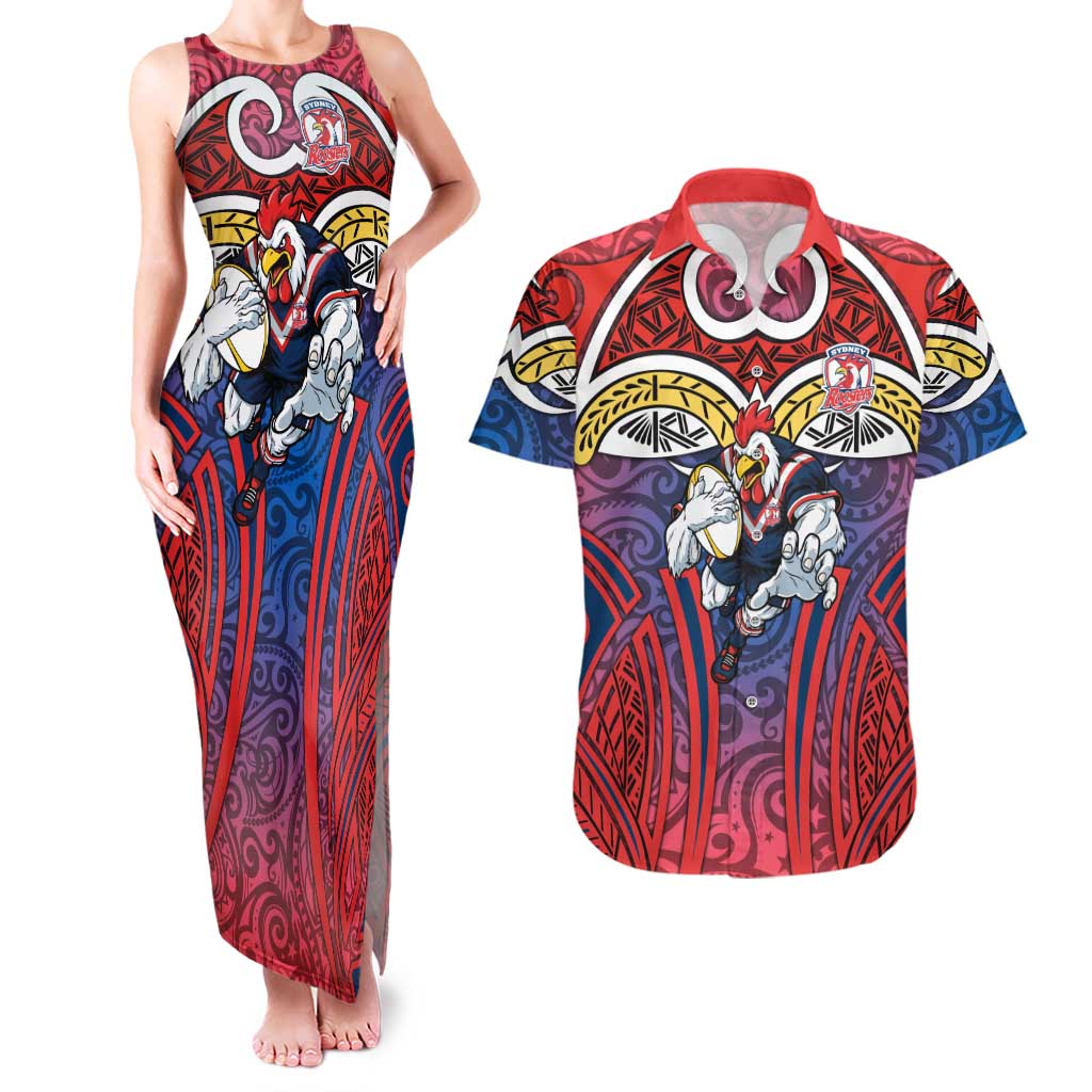 Sydney Roosters Rugby Couples Matching Tank Maxi Dress and Hawaiian Shirt Polynesian Tribal Rooster Warrior Red Blue Pattern