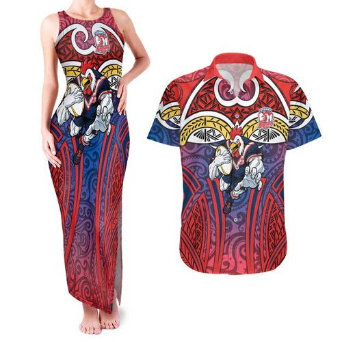 Sydney Roosters Rugby Couples Matching Tank Maxi Dress and Hawaiian Shirt Polynesian Tribal Rooster Warrior Red Blue Pattern