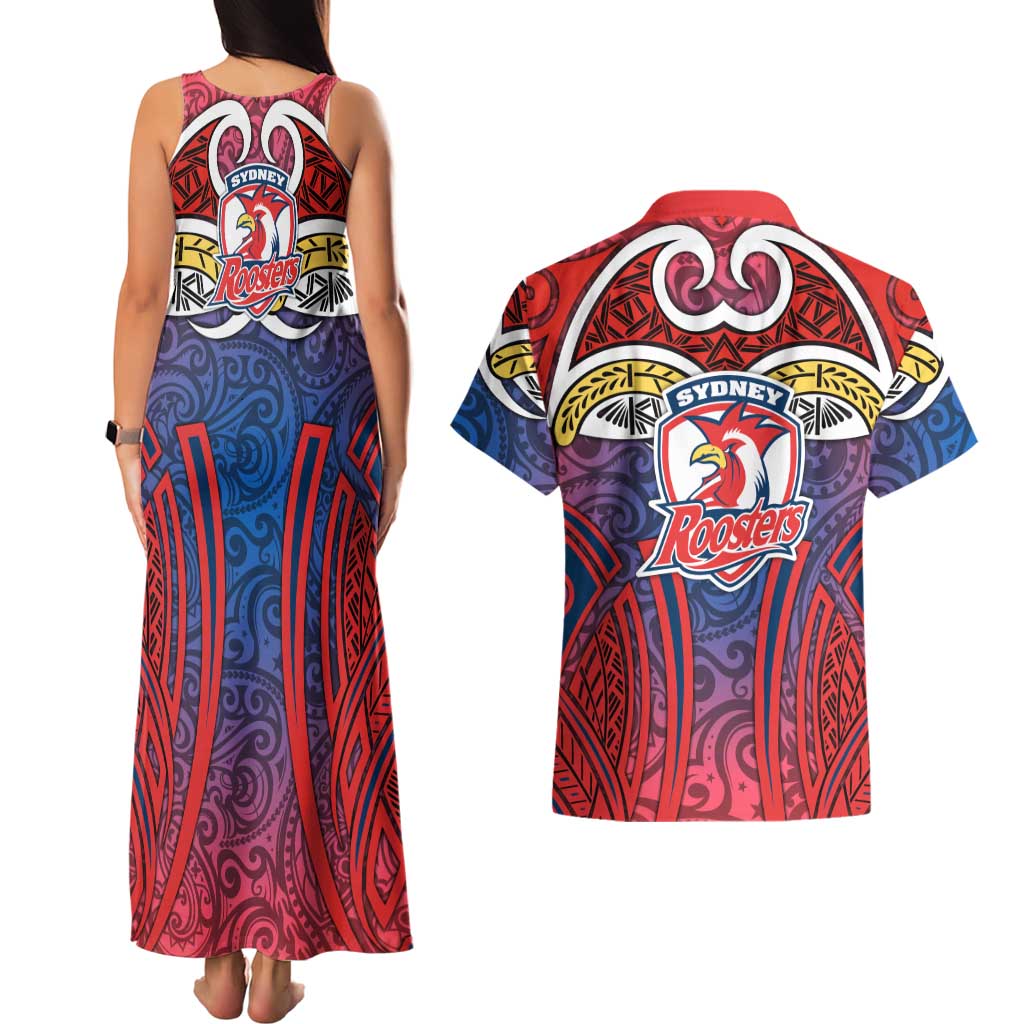 Sydney Roosters Rugby Couples Matching Tank Maxi Dress and Hawaiian Shirt Polynesian Tribal Rooster Warrior Red Blue Pattern