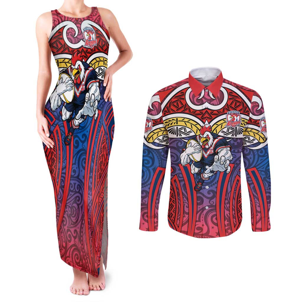 Sydney Roosters Rugby Couples Matching Tank Maxi Dress and Long Sleeve Button Shirt Polynesian Tribal Rooster Warrior Red Blue Pattern