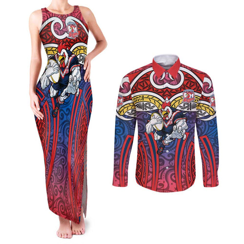 Sydney Roosters Rugby Couples Matching Tank Maxi Dress and Long Sleeve Button Shirt Polynesian Tribal Rooster Warrior Red Blue Pattern