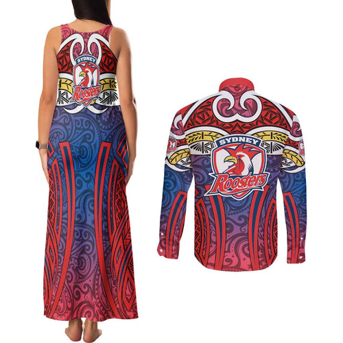 Sydney Roosters Rugby Couples Matching Tank Maxi Dress and Long Sleeve Button Shirt Polynesian Tribal Rooster Warrior Red Blue Pattern