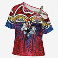 Sydney Roosters Rugby Cross Shoulder Shirt Polynesian Tribal Rooster Warrior Red Blue Pattern