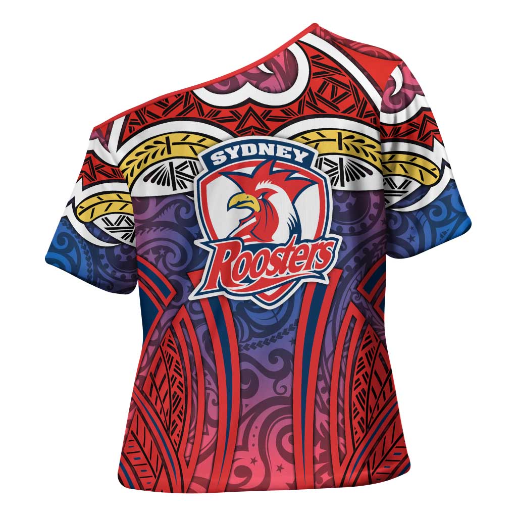 Sydney Roosters Rugby Cross Shoulder Shirt Polynesian Tribal Rooster Warrior Red Blue Pattern