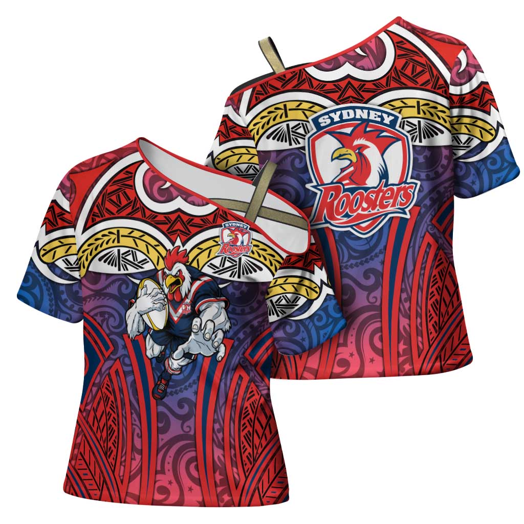 Sydney Roosters Rugby Cross Shoulder Shirt Polynesian Tribal Rooster Warrior Red Blue Pattern