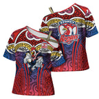 Sydney Roosters Rugby Cross Shoulder Shirt Polynesian Tribal Rooster Warrior Red Blue Pattern