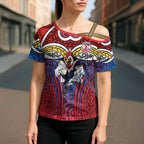 Sydney Roosters Rugby Cross Shoulder Shirt Polynesian Tribal Rooster Warrior Red Blue Pattern