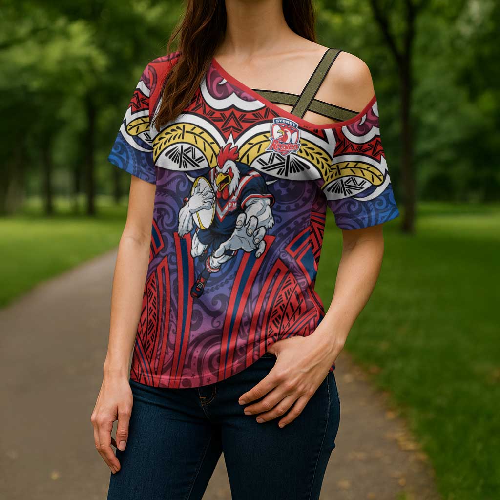 Sydney Roosters Rugby Cross Shoulder Shirt Polynesian Tribal Rooster Warrior Red Blue Pattern