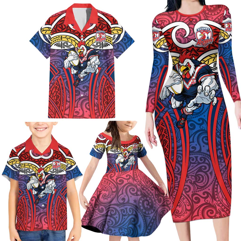 Sydney Roosters Rugby Family Matching Long Sleeve Bodycon Dress and Hawaiian Shirt Polynesian Tribal Rooster Warrior Red Blue Pattern