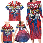 Sydney Roosters Rugby Family Matching Long Sleeve Bodycon Dress and Hawaiian Shirt Polynesian Tribal Rooster Warrior Red Blue Pattern
