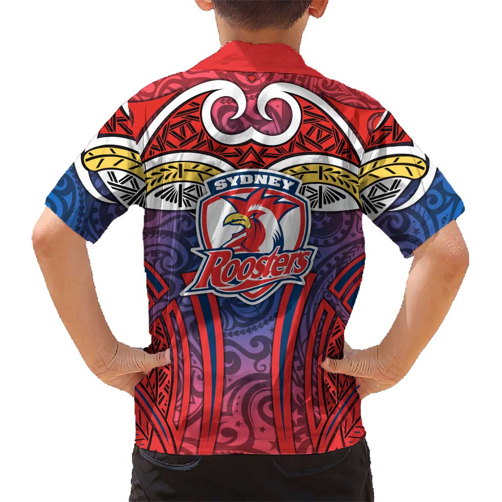 Sydney Roosters Rugby Family Matching Long Sleeve Bodycon Dress and Hawaiian Shirt Polynesian Tribal Rooster Warrior Red Blue Pattern