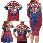 Sydney Roosters Rugby Family Matching Long Sleeve Bodycon Dress and Hawaiian Shirt Polynesian Tribal Rooster Warrior Red Blue Pattern