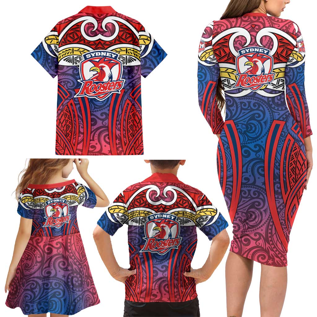 Sydney Roosters Rugby Family Matching Long Sleeve Bodycon Dress and Hawaiian Shirt Polynesian Tribal Rooster Warrior Red Blue Pattern