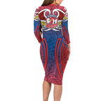 Sydney Roosters Rugby Family Matching Long Sleeve Bodycon Dress and Hawaiian Shirt Polynesian Tribal Rooster Warrior Red Blue Pattern