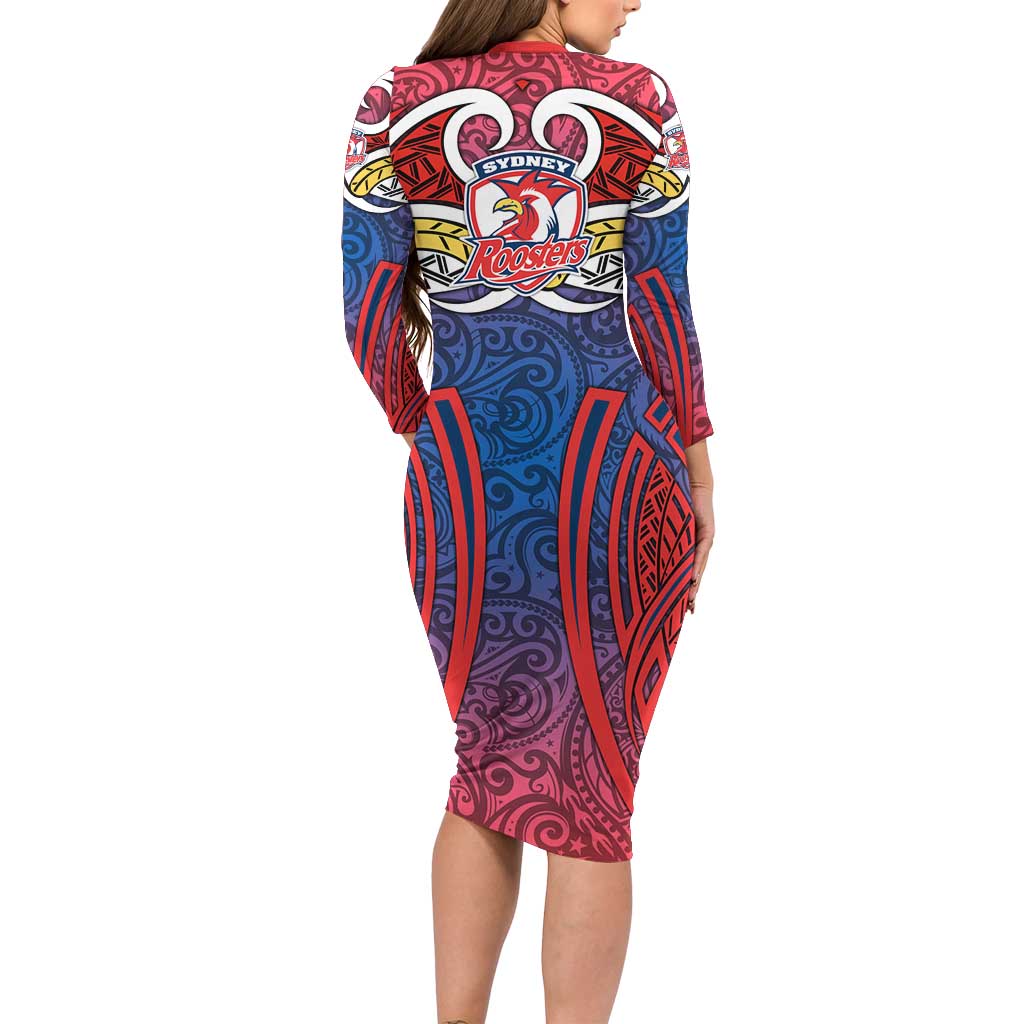 Sydney Roosters Rugby Family Matching Long Sleeve Bodycon Dress and Hawaiian Shirt Polynesian Tribal Rooster Warrior Red Blue Pattern