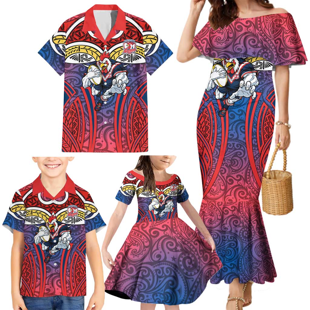 Sydney Roosters Rugby Family Matching Mermaid Dress and Hawaiian Shirt Polynesian Tribal Rooster Warrior Red Blue Pattern