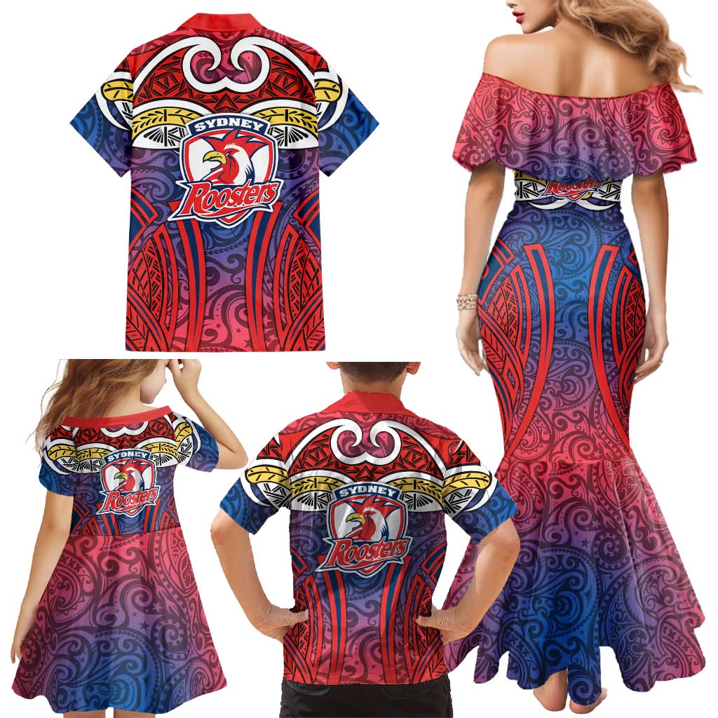 Sydney Roosters Rugby Family Matching Mermaid Dress and Hawaiian Shirt Polynesian Tribal Rooster Warrior Red Blue Pattern