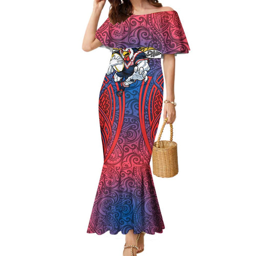 Sydney Roosters Rugby Family Matching Mermaid Dress and Hawaiian Shirt Polynesian Tribal Rooster Warrior Red Blue Pattern