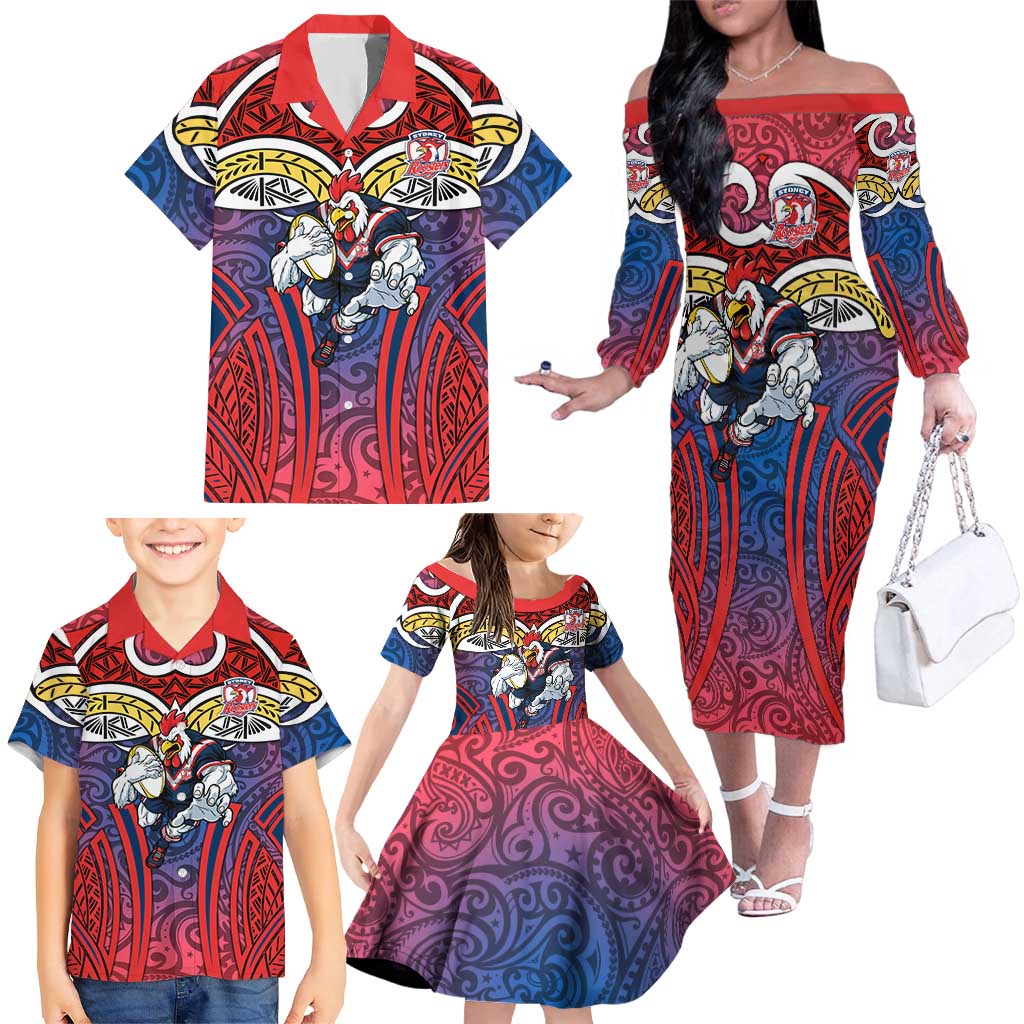 Sydney Roosters Rugby Family Matching Off The Shoulder Long Sleeve Dress and Hawaiian Shirt Polynesian Tribal Rooster Warrior Red Blue Pattern
