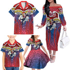 Sydney Roosters Rugby Family Matching Off The Shoulder Long Sleeve Dress and Hawaiian Shirt Polynesian Tribal Rooster Warrior Red Blue Pattern