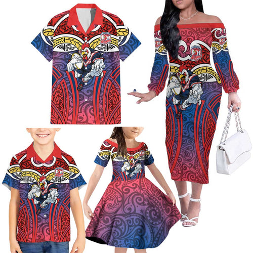 Sydney Roosters Rugby Family Matching Off The Shoulder Long Sleeve Dress and Hawaiian Shirt Polynesian Tribal Rooster Warrior Red Blue Pattern