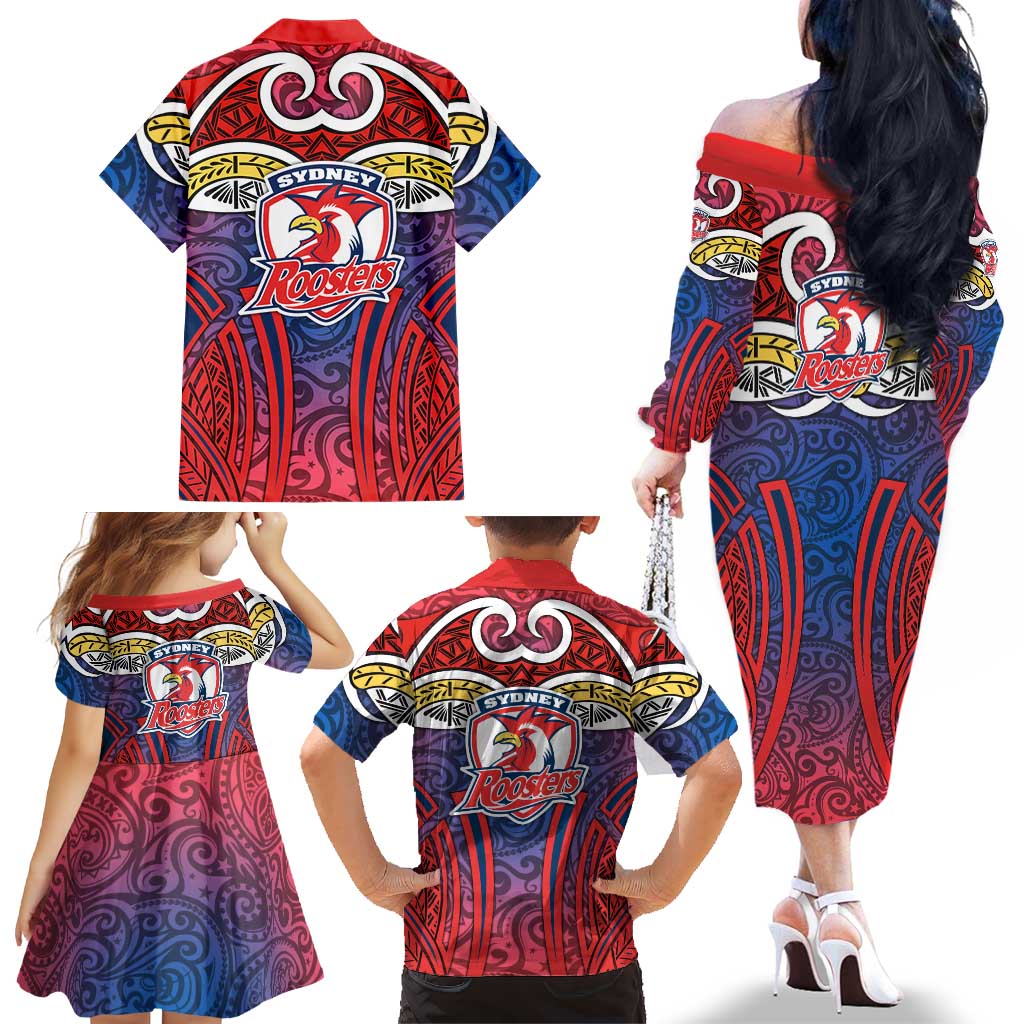Sydney Roosters Rugby Family Matching Off The Shoulder Long Sleeve Dress and Hawaiian Shirt Polynesian Tribal Rooster Warrior Red Blue Pattern