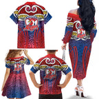 Sydney Roosters Rugby Family Matching Off The Shoulder Long Sleeve Dress and Hawaiian Shirt Polynesian Tribal Rooster Warrior Red Blue Pattern