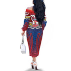 Sydney Roosters Rugby Family Matching Off The Shoulder Long Sleeve Dress and Hawaiian Shirt Polynesian Tribal Rooster Warrior Red Blue Pattern