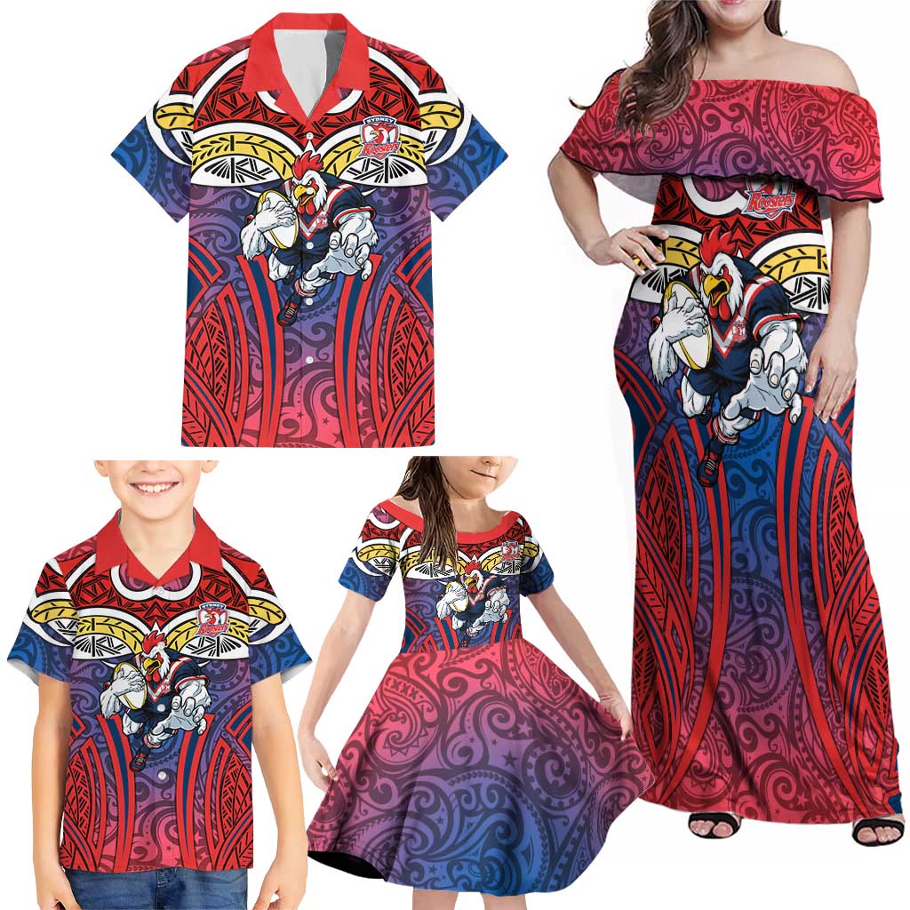 Sydney Roosters Rugby Family Matching Off Shoulder Maxi Dress and Hawaiian Shirt Polynesian Tribal Rooster Warrior Red Blue Pattern