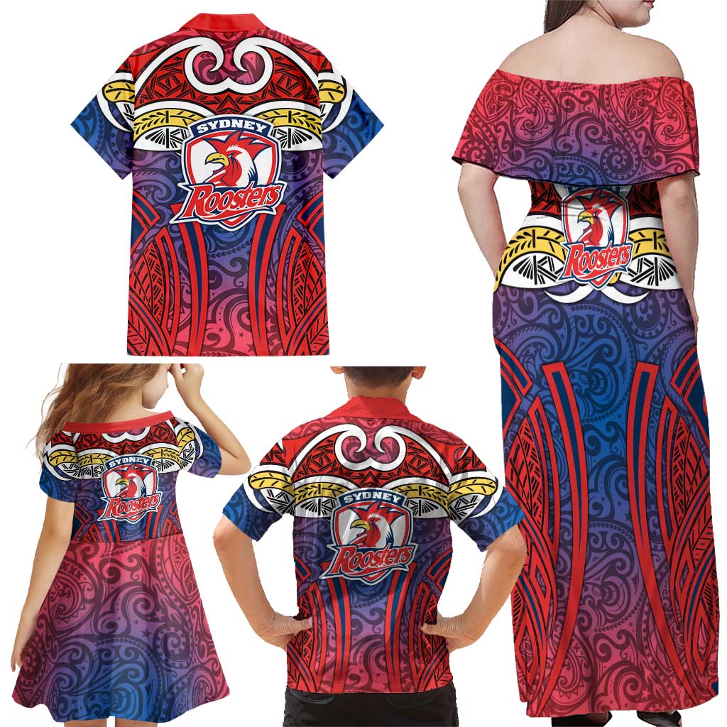 Sydney Roosters Rugby Family Matching Off Shoulder Maxi Dress and Hawaiian Shirt Polynesian Tribal Rooster Warrior Red Blue Pattern