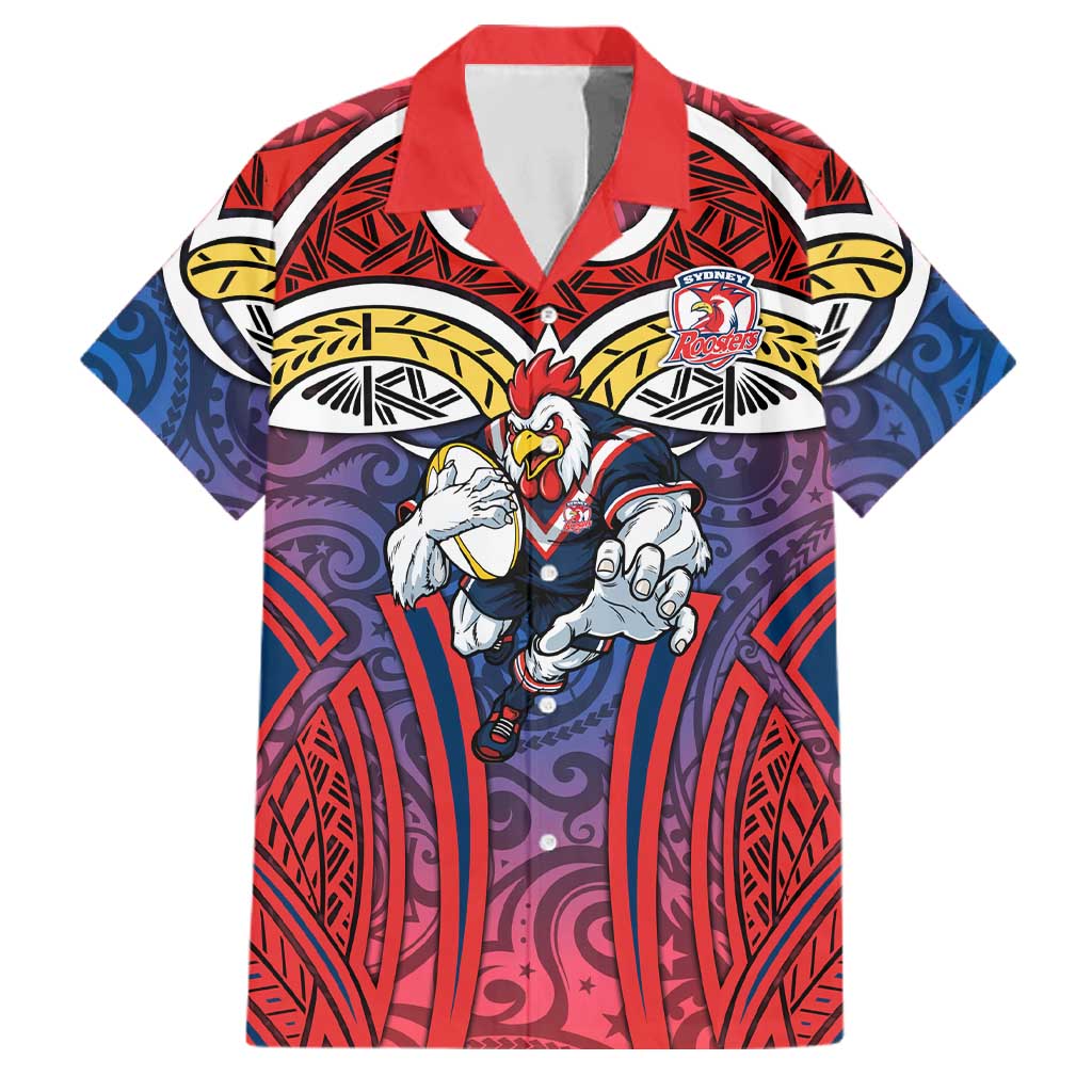 Sydney Roosters Rugby Family Matching Off Shoulder Maxi Dress and Hawaiian Shirt Polynesian Tribal Rooster Warrior Red Blue Pattern