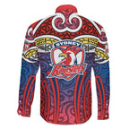 Sydney Roosters Rugby Family Matching Off Shoulder Maxi Dress and Hawaiian Shirt Polynesian Tribal Rooster Warrior Red Blue Pattern