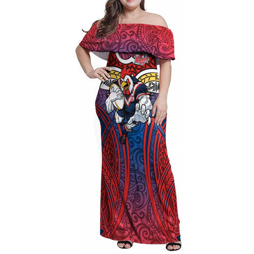 Sydney Roosters Rugby Family Matching Off Shoulder Maxi Dress and Hawaiian Shirt Polynesian Tribal Rooster Warrior Red Blue Pattern