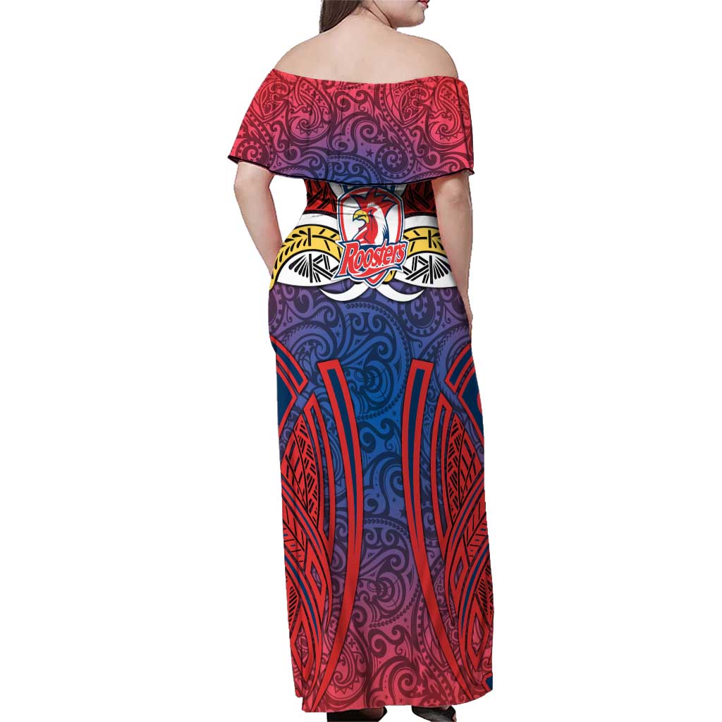 Sydney Roosters Rugby Family Matching Off Shoulder Maxi Dress and Hawaiian Shirt Polynesian Tribal Rooster Warrior Red Blue Pattern