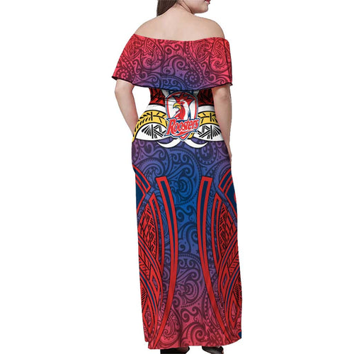 Sydney Roosters Rugby Family Matching Off Shoulder Maxi Dress and Hawaiian Shirt Polynesian Tribal Rooster Warrior Red Blue Pattern