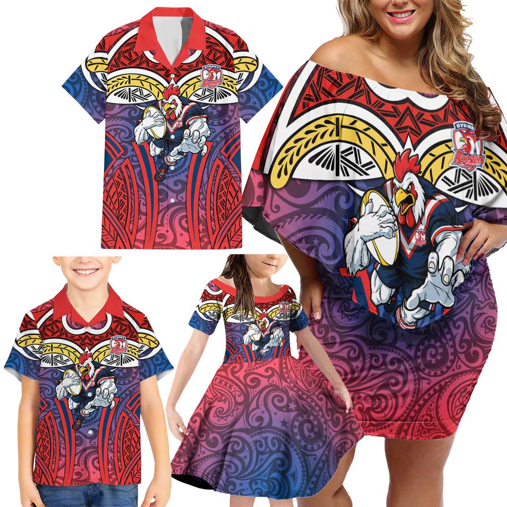 Sydney Roosters Rugby Family Matching Off Shoulder Short Dress and Hawaiian Shirt Polynesian Tribal Rooster Warrior Red Blue Pattern