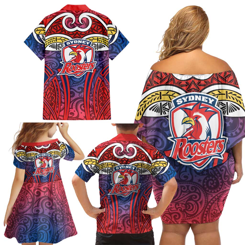 Sydney Roosters Rugby Family Matching Off Shoulder Short Dress and Hawaiian Shirt Polynesian Tribal Rooster Warrior Red Blue Pattern