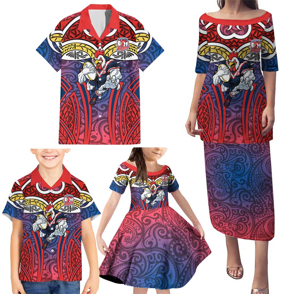 Sydney Roosters Rugby Family Matching Puletasi and Hawaiian Shirt Polynesian Tribal Rooster Warrior Red Blue Pattern