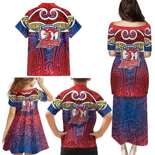 Sydney Roosters Rugby Family Matching Puletasi and Hawaiian Shirt Polynesian Tribal Rooster Warrior Red Blue Pattern