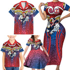 Sydney Roosters Rugby Family Matching Short Sleeve Bodycon Dress and Hawaiian Shirt Polynesian Tribal Rooster Warrior Red Blue Pattern